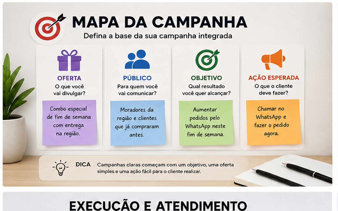 Mapa visual de uma pequena empresa definindo oferta, público, objetivo e chamada para ação em uma campanha de marketing integrada