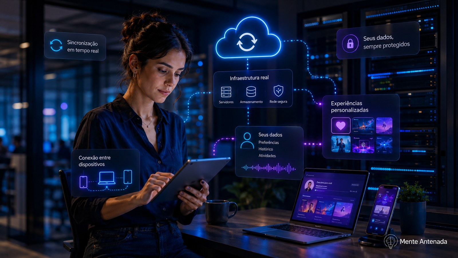 Ferramentas digitais com inteligência artificial, automação, nuvem, dados e interfaces holográficas conectadas