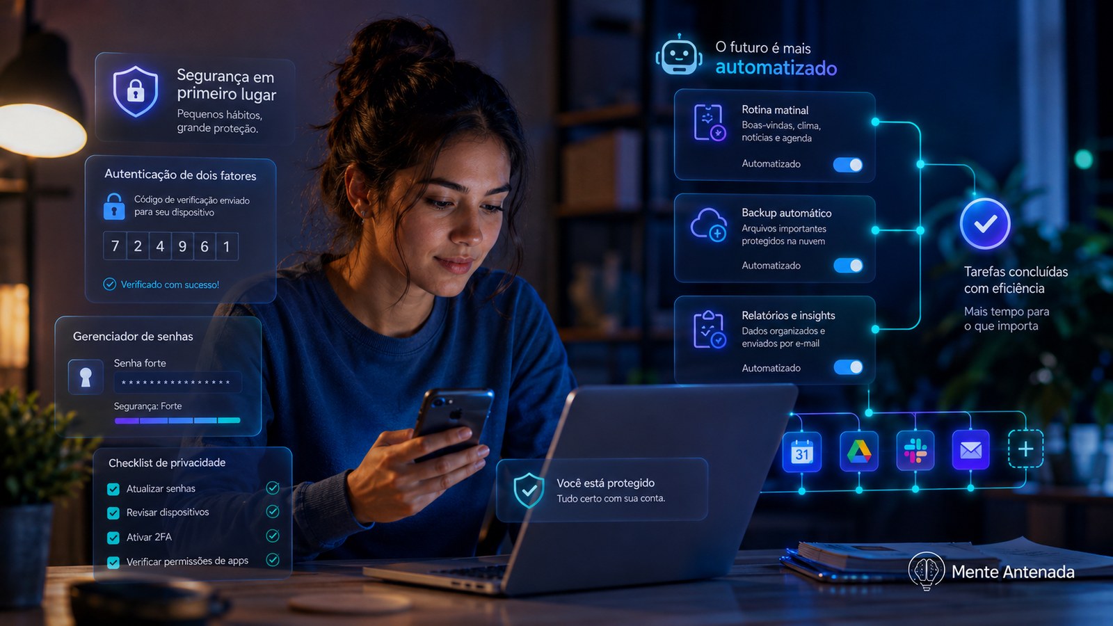 Ambiente digital com painéis de organização, tarefas, segurança, produtividade e ferramentas online