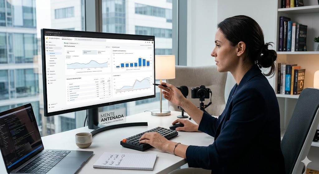 Setup de trabalho limpo com monitor exibindo gráficos de desempenho de SEO e conteúdo