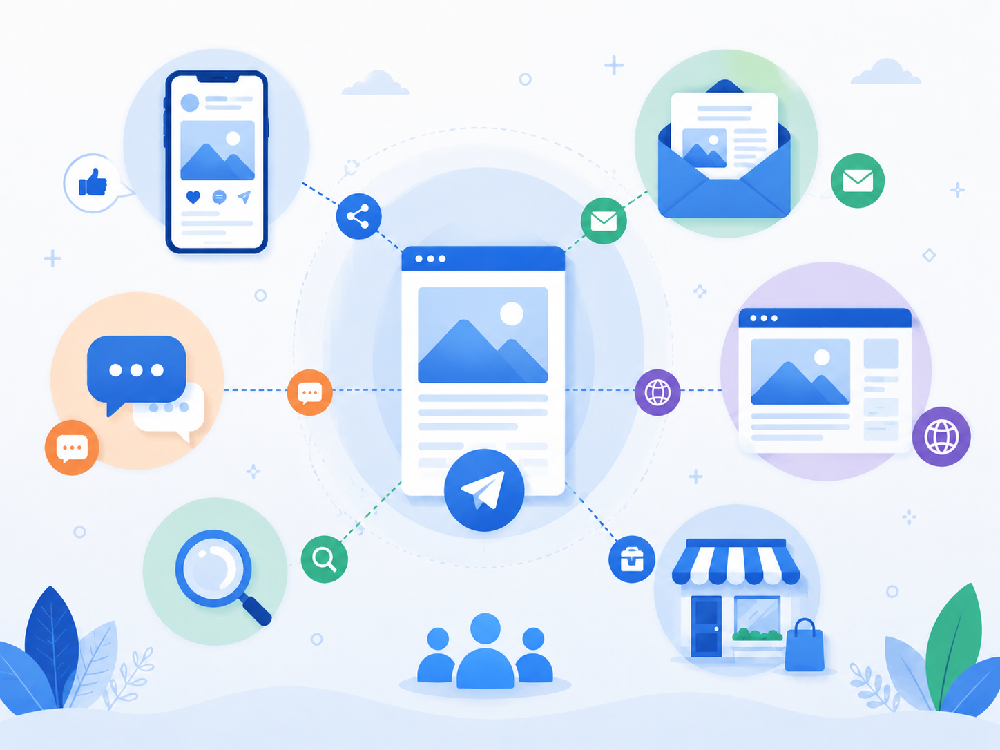 Canais digitais integrados como Instagram, WhatsApp, Google, site e e-mail trabalhando juntos em uma campanha de pequena empresa