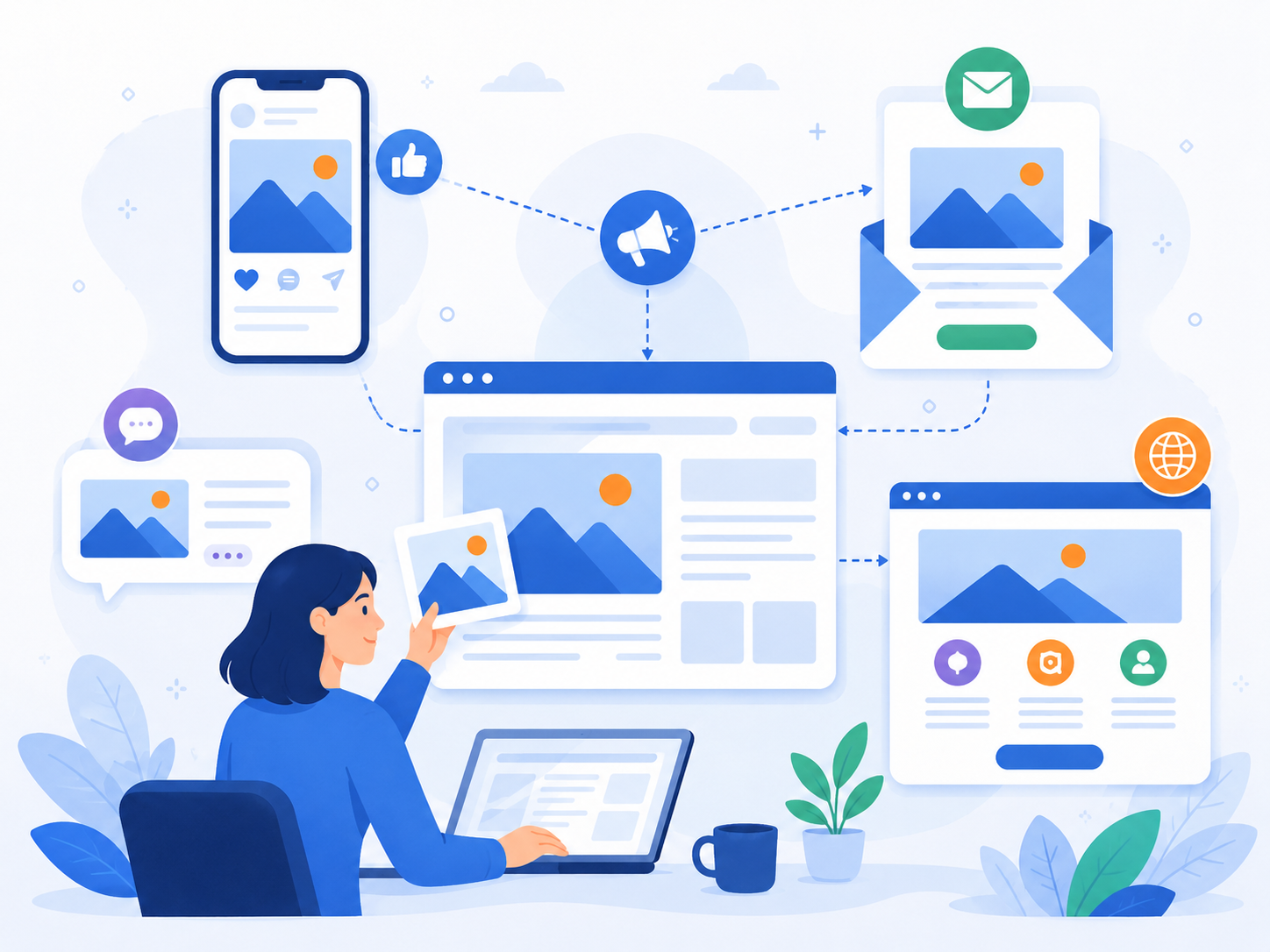 Ferramentas digitais organizando campanhas de marketing para pequenas empresas com calendário, mensagens, gráficos e automação simples