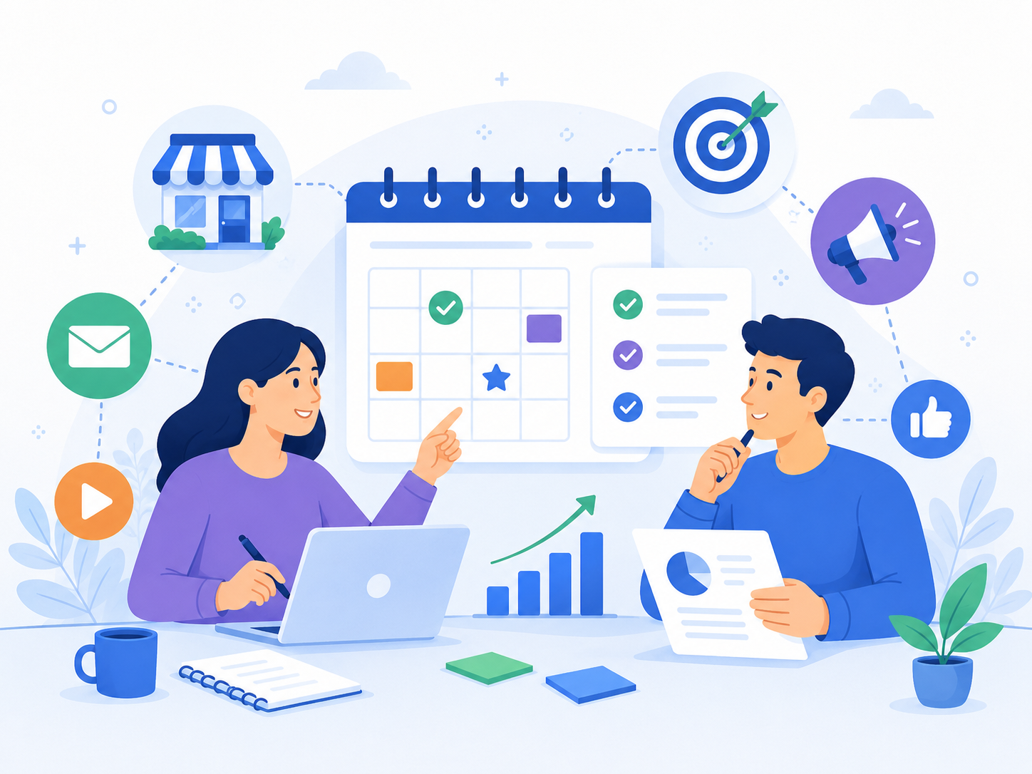 Pequeno negócio planejando uma campanha de marketing integrada com smartphone, gráfico de crescimento, megafone e loja online