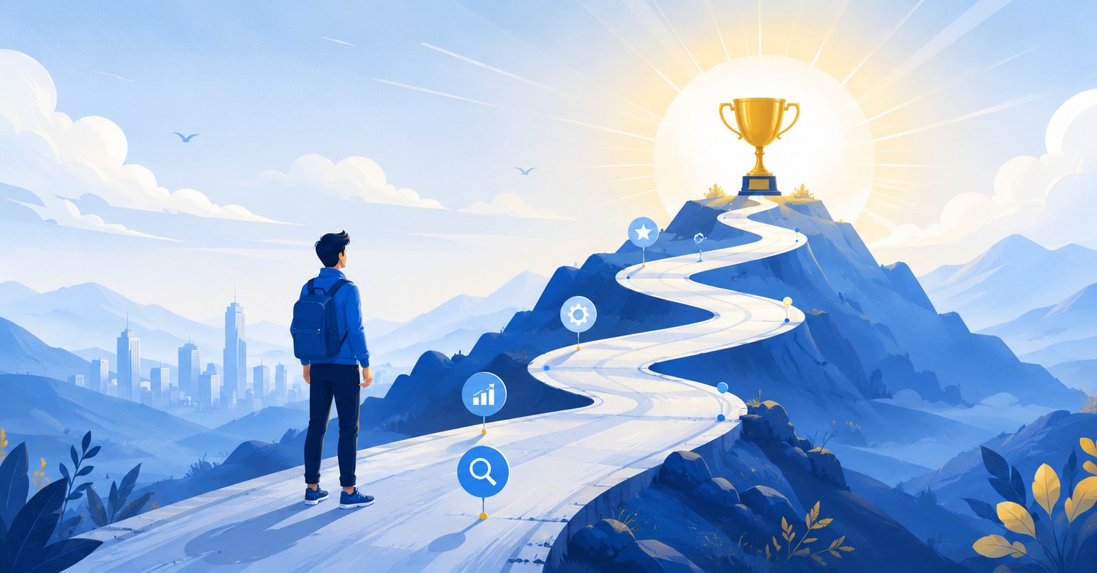 Caminho iluminado levando até um troféu, representando jornada, crescimento e sucesso com SEO