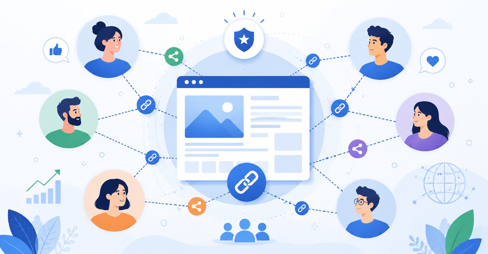 Rede de pessoas conectadas por links representando SEO Off-Page, backlinks, compartilhamentos e autoridade online