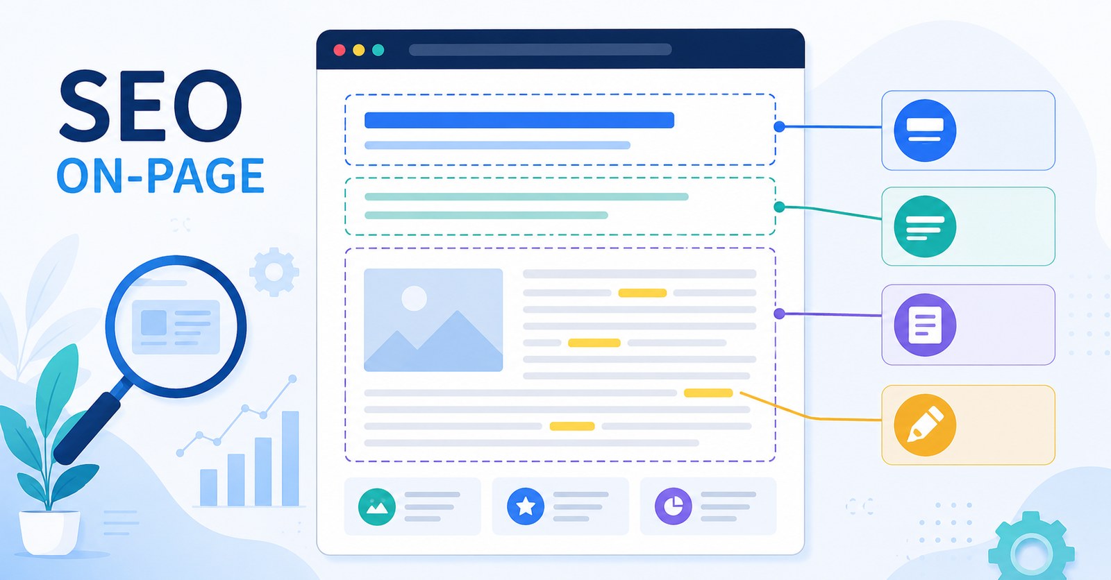Diagrama de SEO On-Page mostrando elementos de uma página como título, descrição, conteúdo e palavras-chave