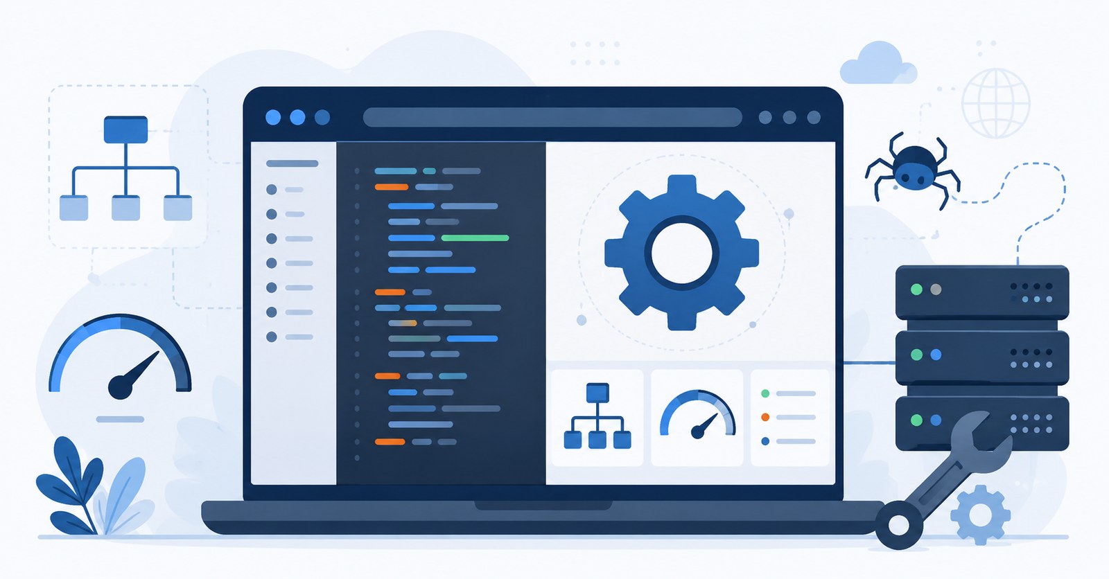 Computador com código, engrenagem, servidor e indicadores de desempenho representando SEO Técnico